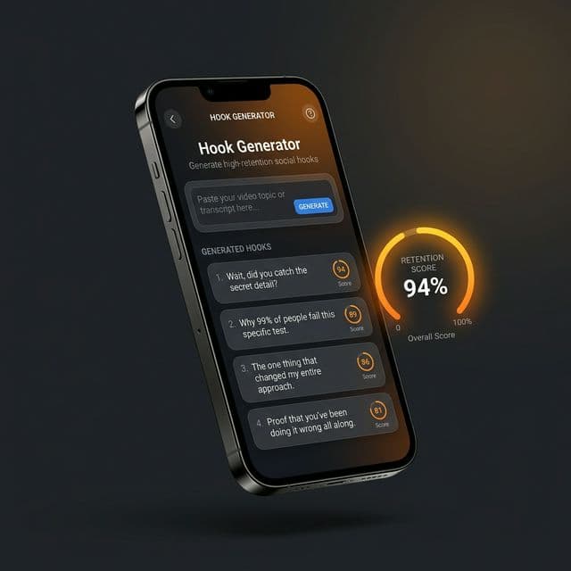 CreatorsQ Hook Builder showing AI-generated hooks with retention scores and a strength meter